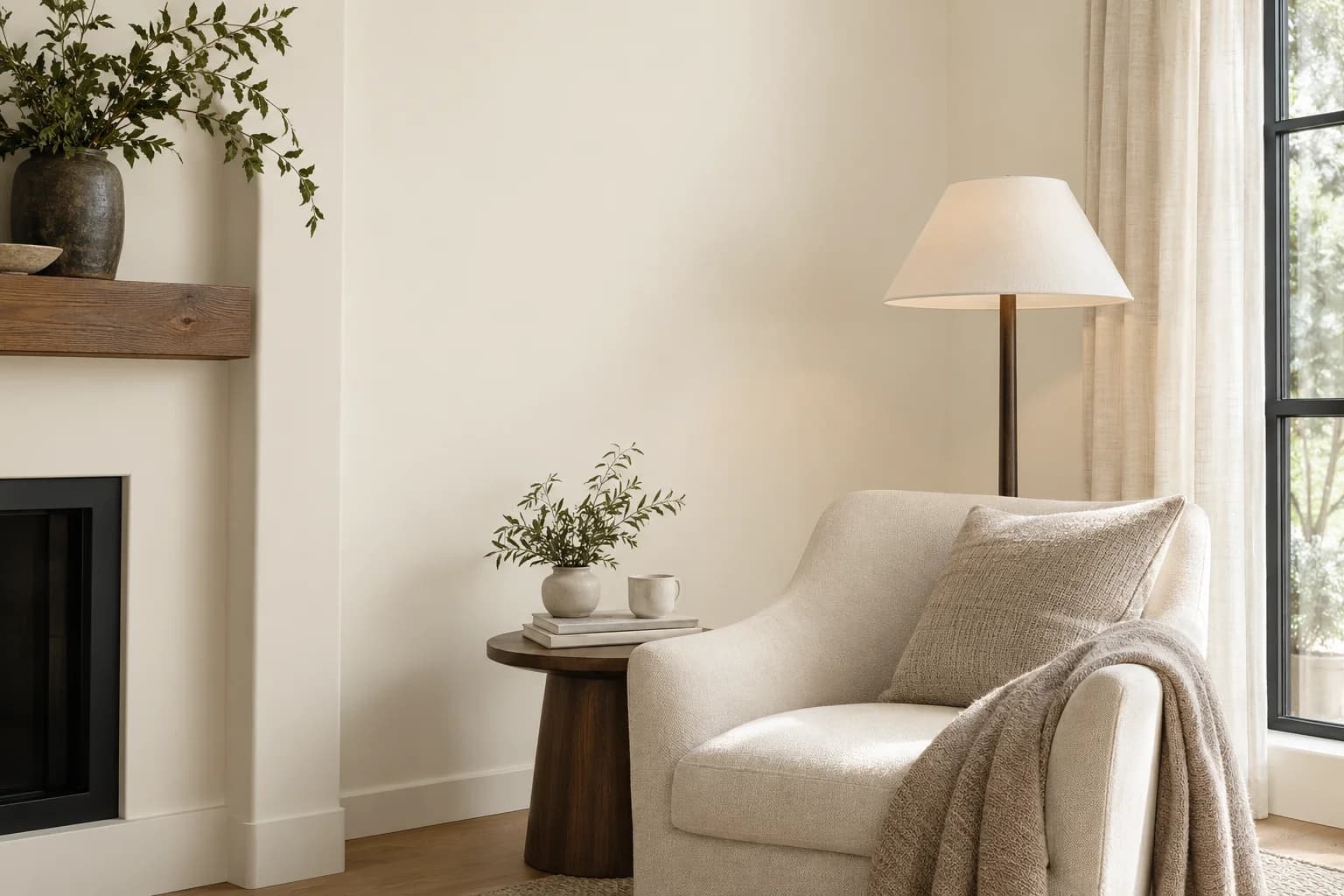 Reading nook with Greek Villa walls and a cream armchair