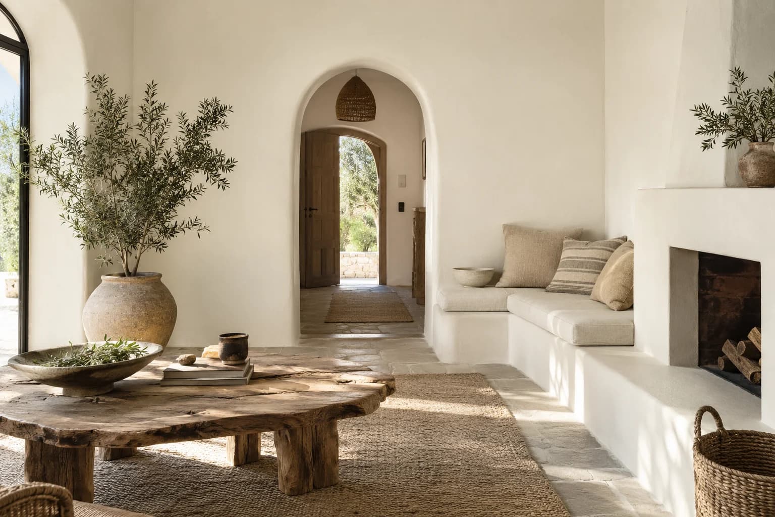 Greek Villa walls in a Mediterranean farmhouse living room