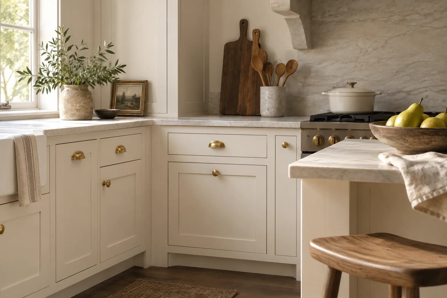 Kitchen cabinets featuring Greek Villa paint