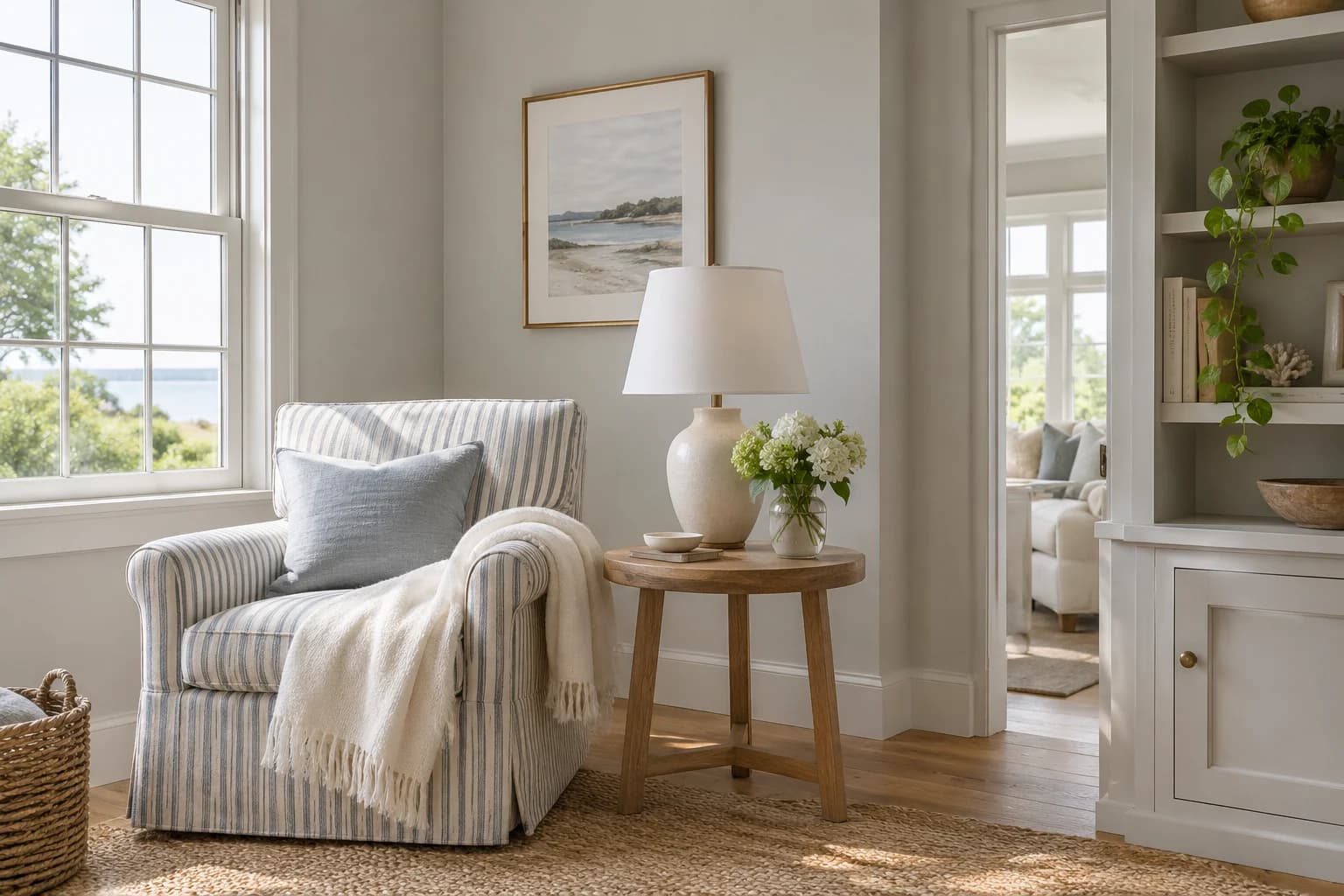 Reading nook with Light French Gray walls and a cream armchair