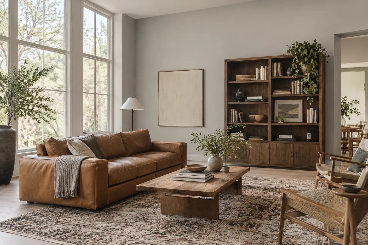 Light French Gray walls in a Japanese Scandinavian living room
