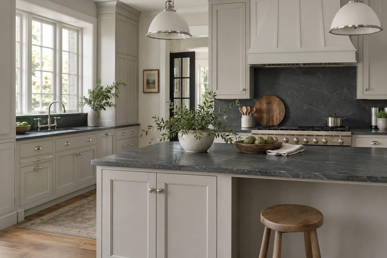 Kitchen cabinets featuring Light French Gray paint