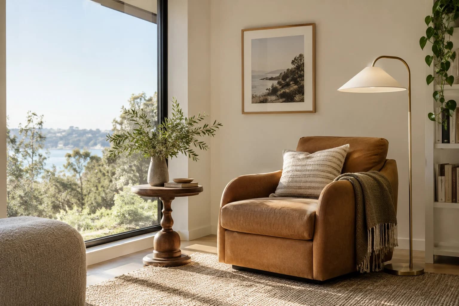 Reading nook with Natural Linen walls and a cream armchair