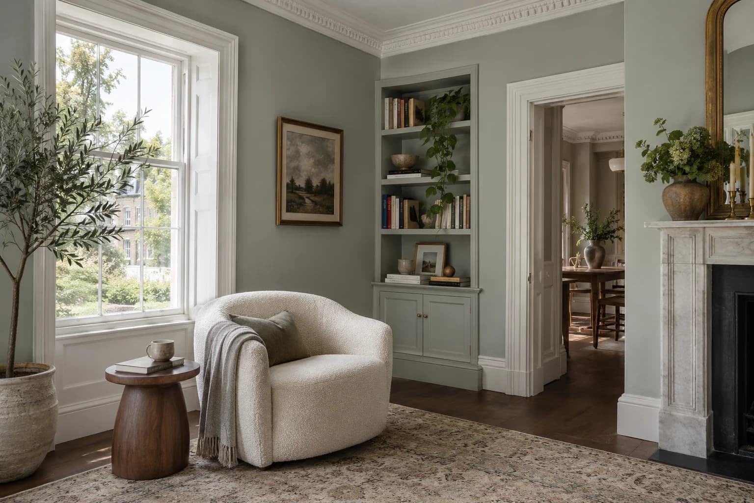 Reading nook with Oyster Bay walls and a cream armchair