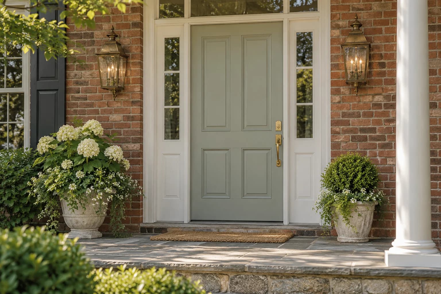Front door featuring Oyster Bay paint