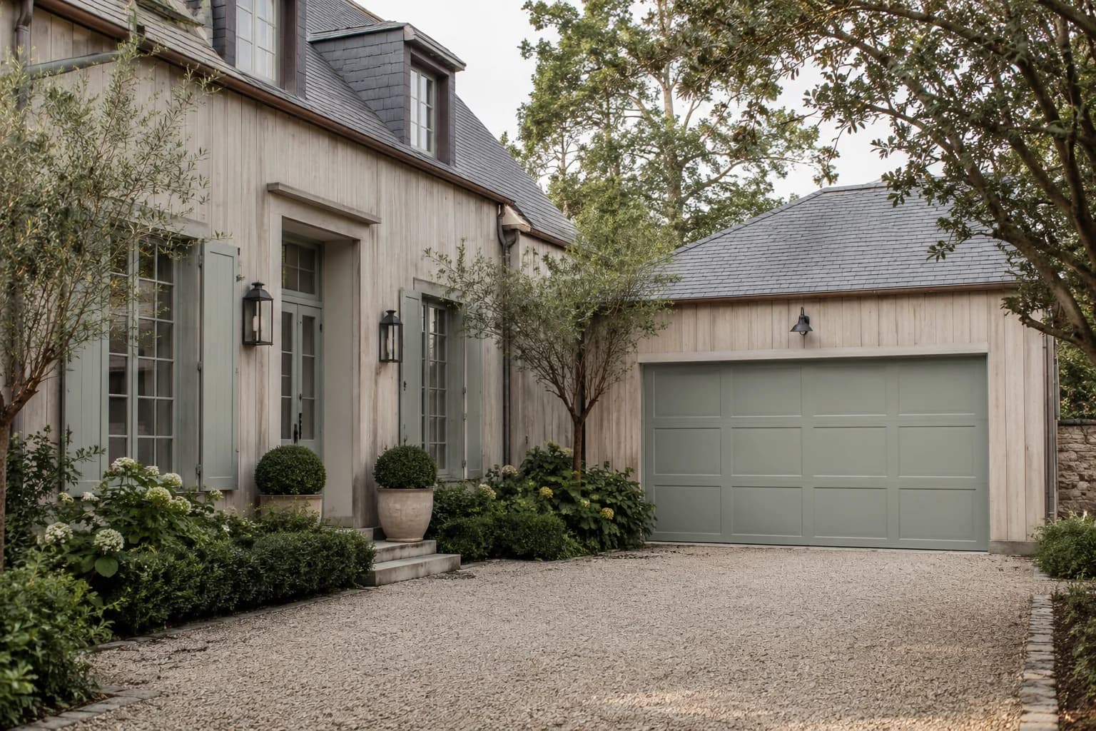 Garage door featuring Oyster Bay paint