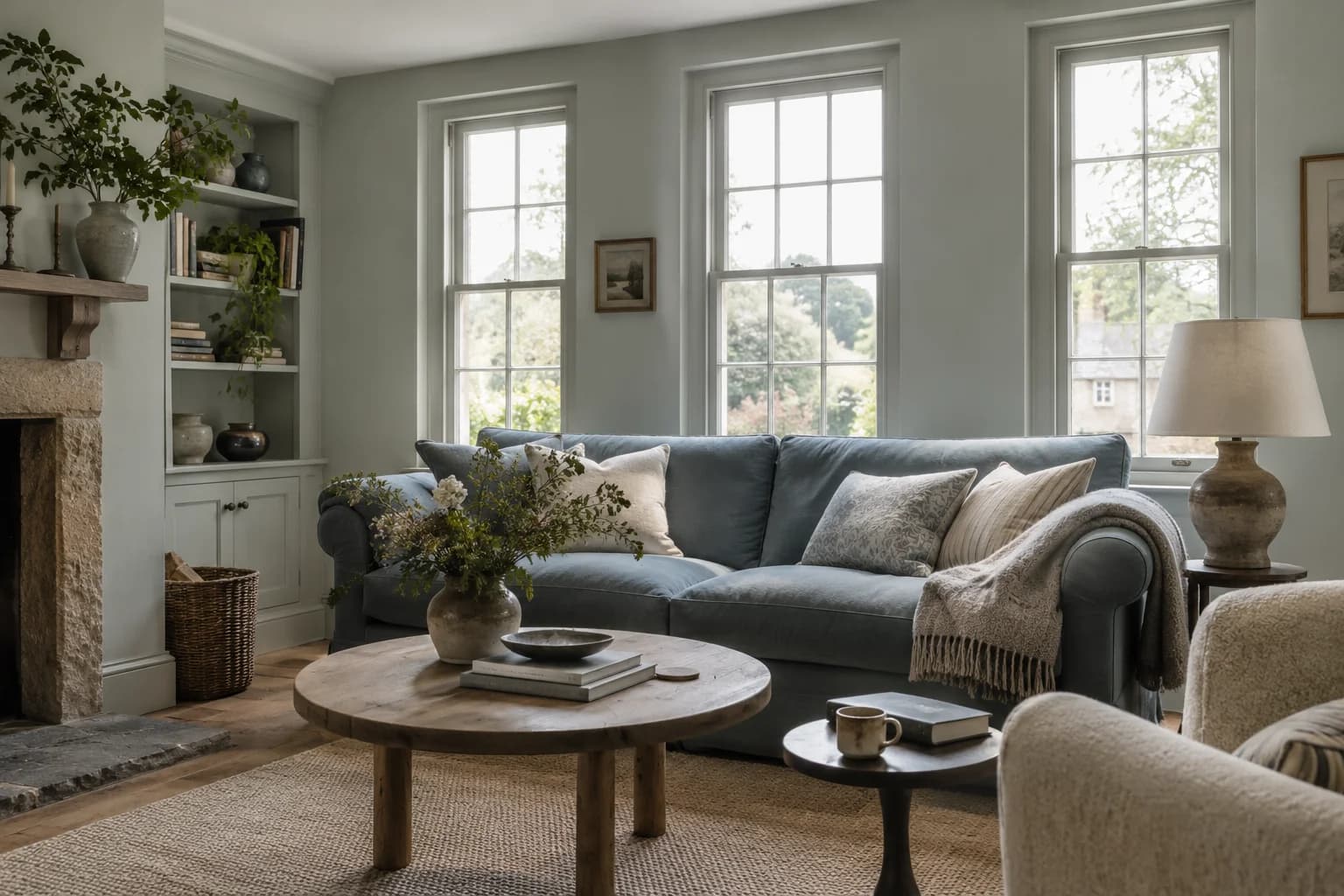 Oyster Bay walls in a British cottage living room