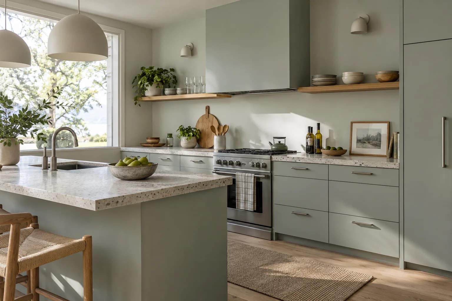 Kitchen cabinets featuring Oyster Bay paint