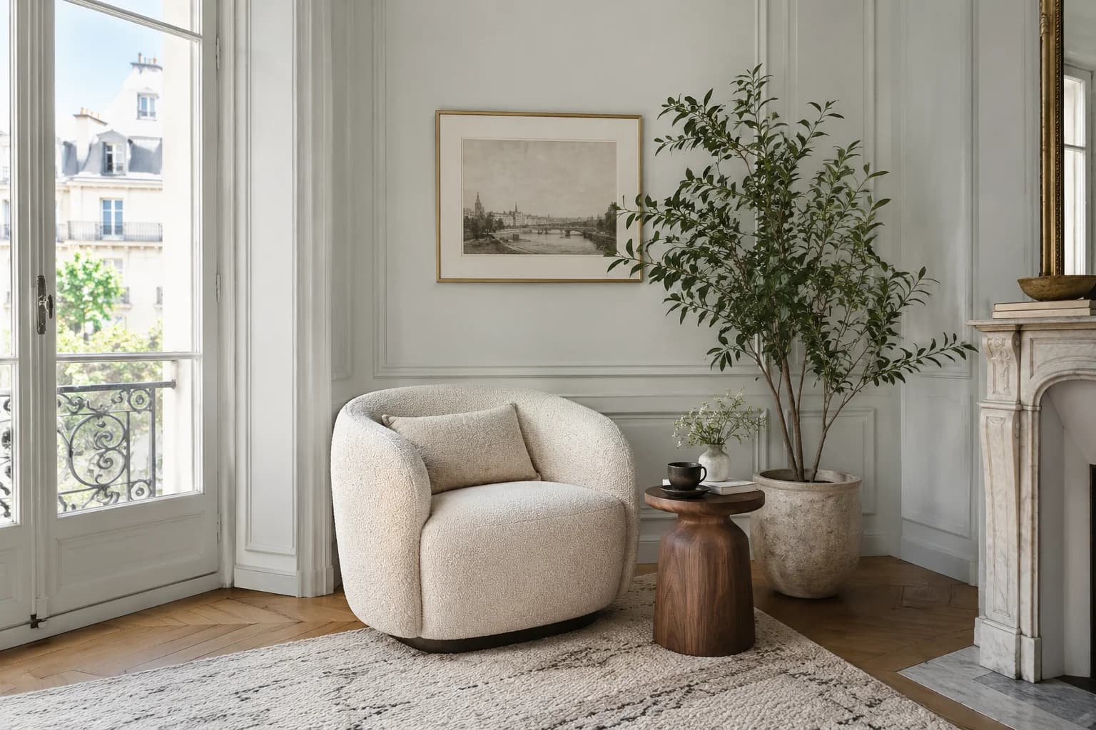Reading nook with Passive walls and a cream armchair