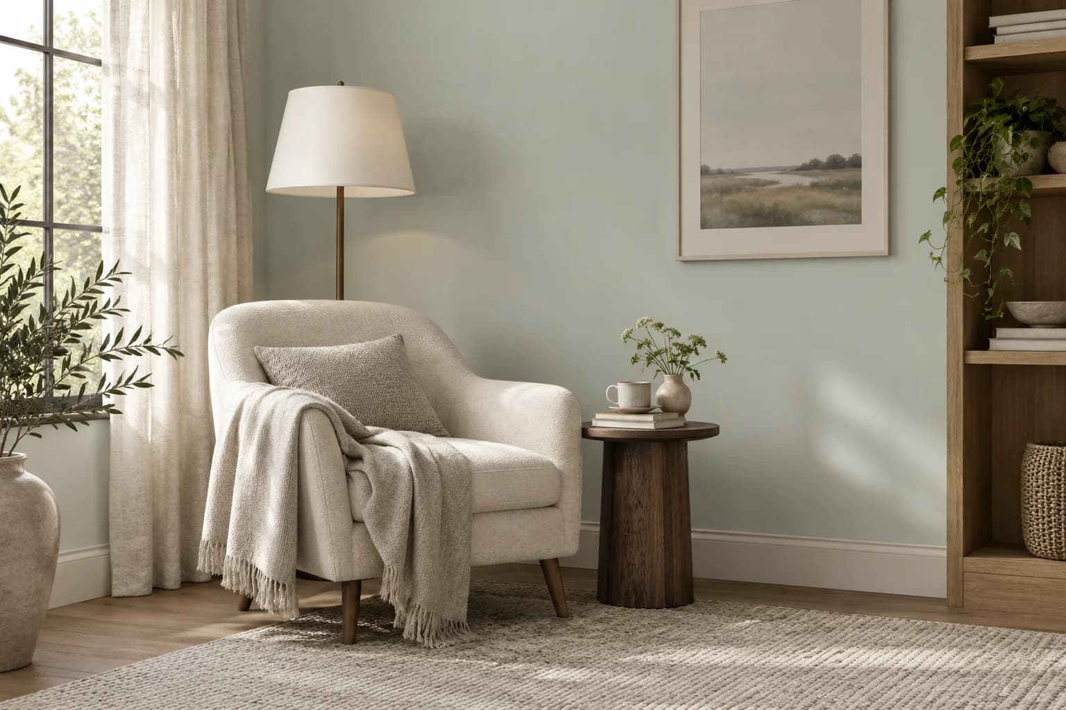 Reading nook with Sea Salt walls and a cream armchair