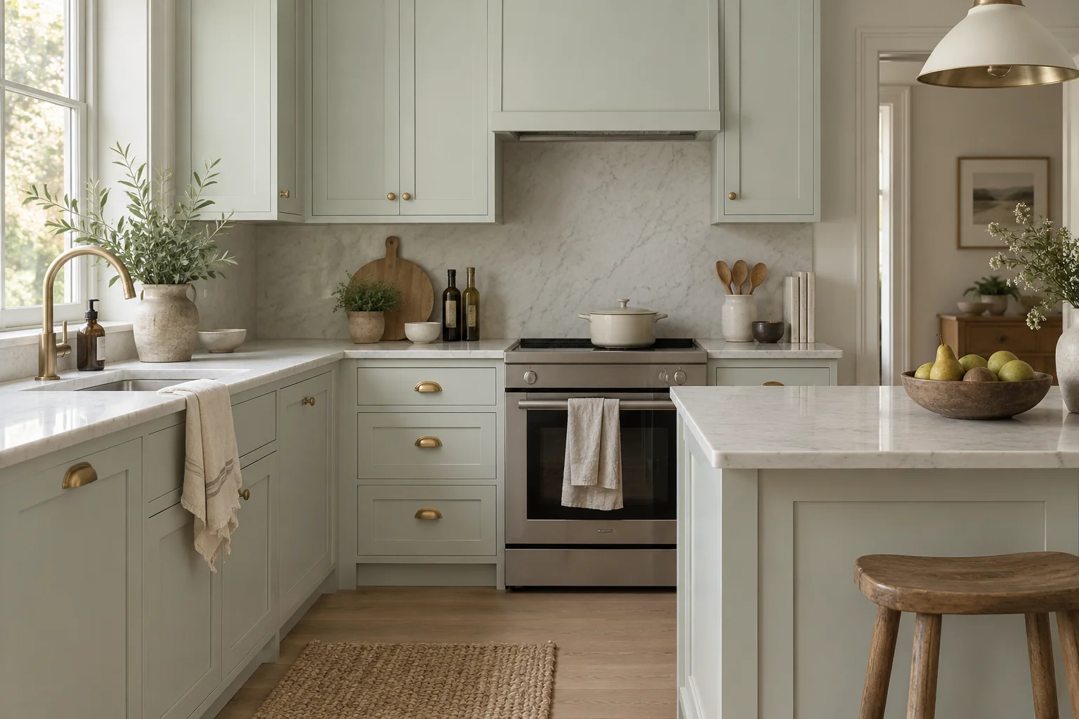 Kitchen cabinets featuring Sea Salt paint