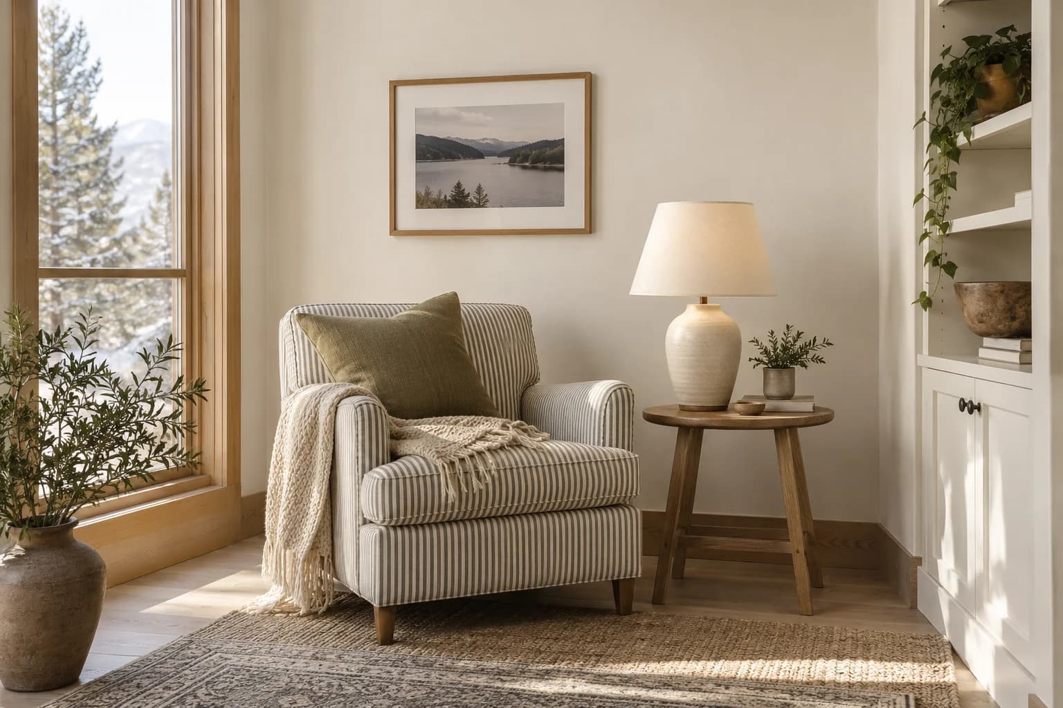 Reading nook with Shoji White walls and a cream armchair