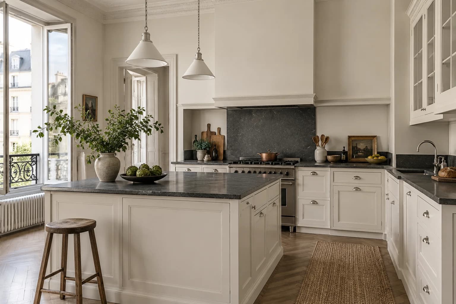 Kitchen cabinets featuring Shoji White paint