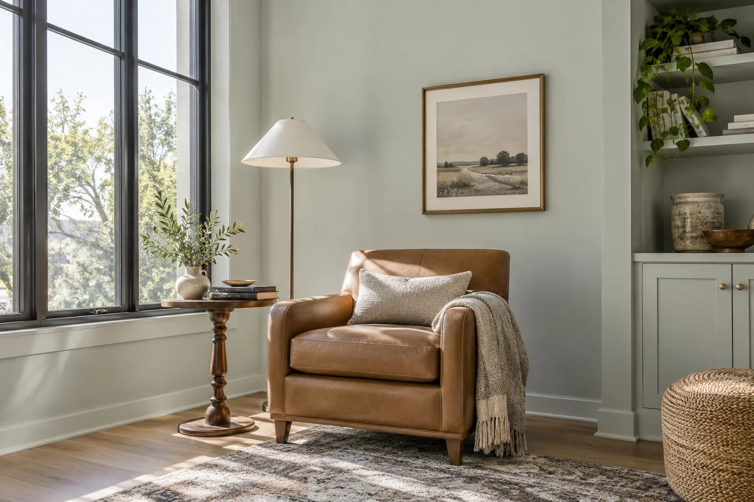 Reading nook with Silver Strand walls and a cream armchair