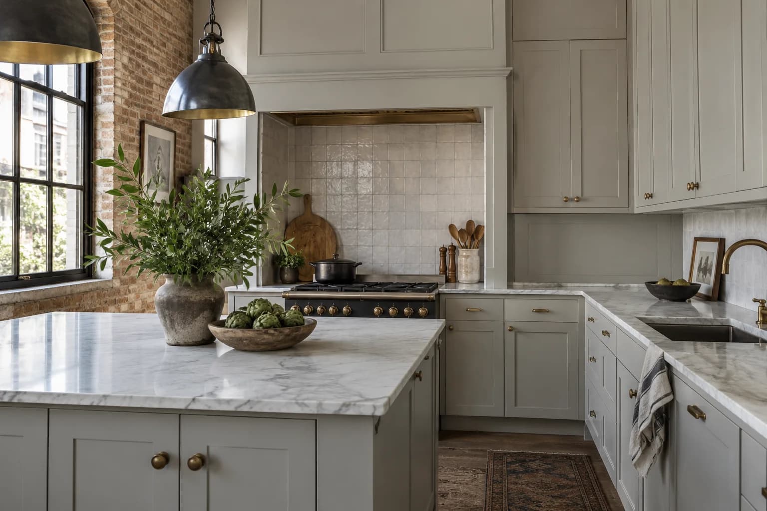 Kitchen cabinets featuring Silver Strand paint