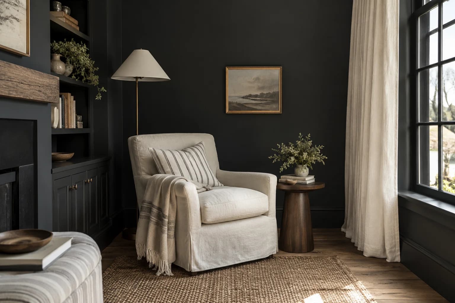 Reading nook with Tricorn Black walls and a cream armchair