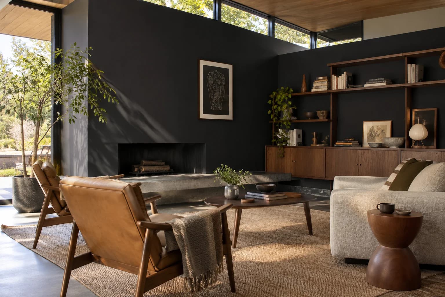 Tricorn Black walls in a midcentury modern living room