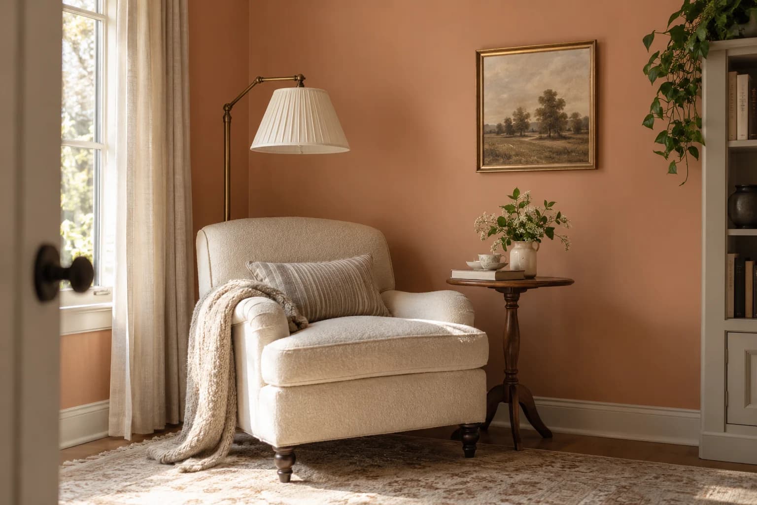 Reading nook with Desert Carnation walls and a cream armchair
