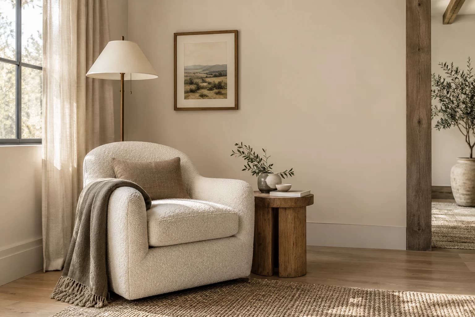 Reading nook with Desert Fortress walls and a cream armchair