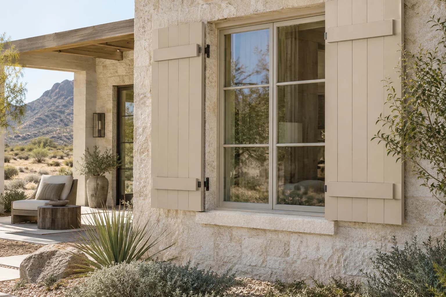 Shutters & trim featuring Desert Fortress paint