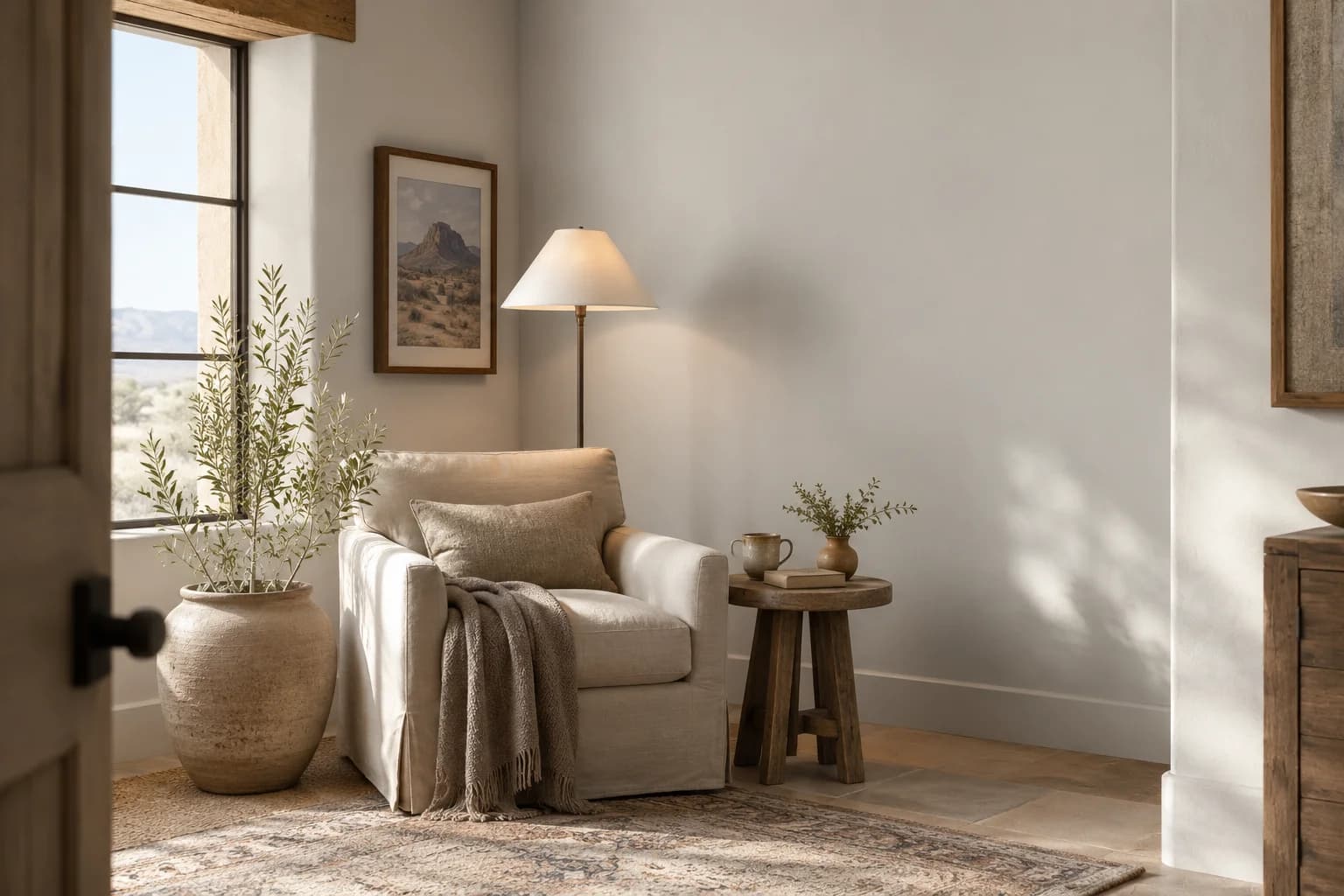 Reading nook with Filtered Shade walls and a cream armchair