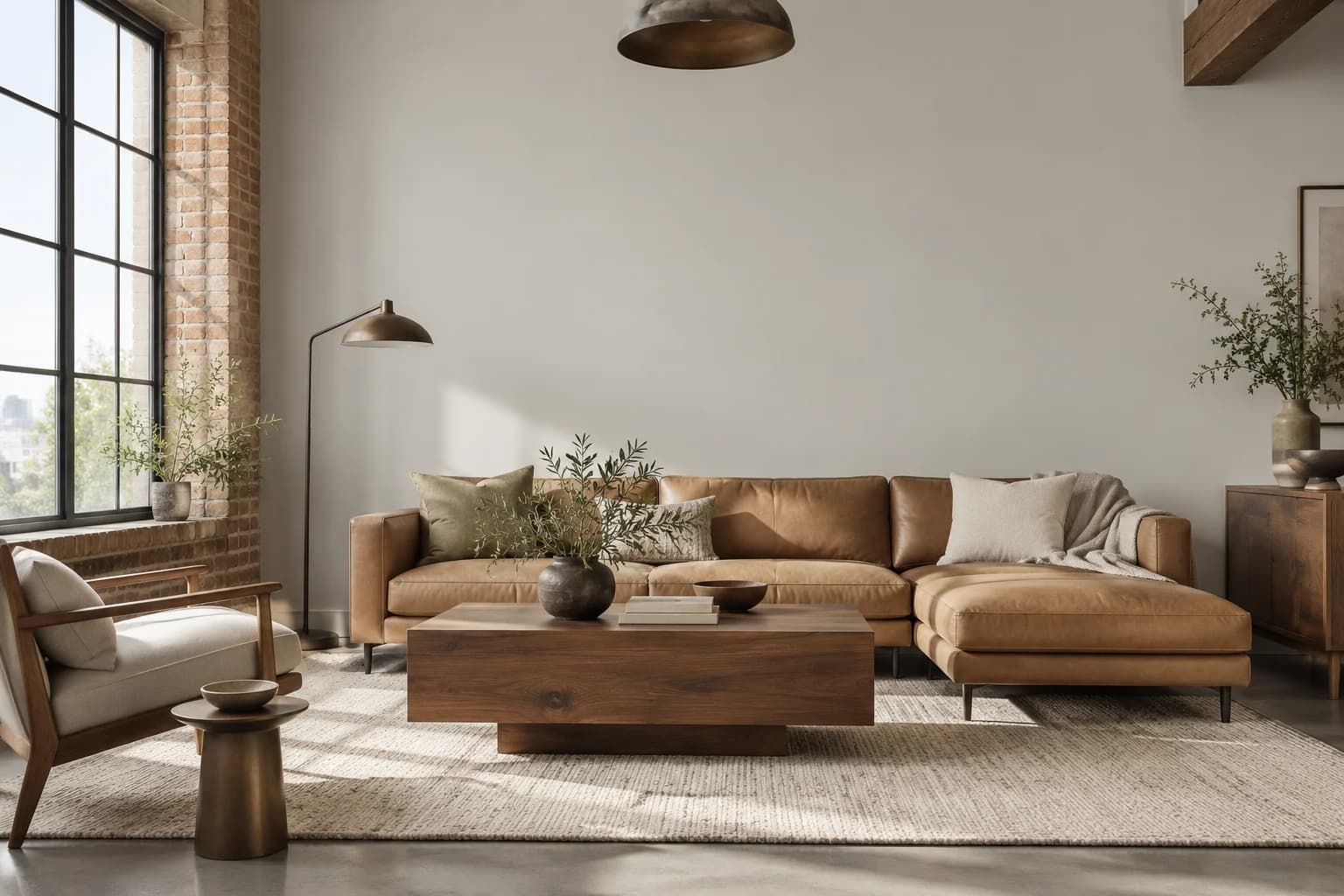 Filtered Shade walls in a soft industrial living room
