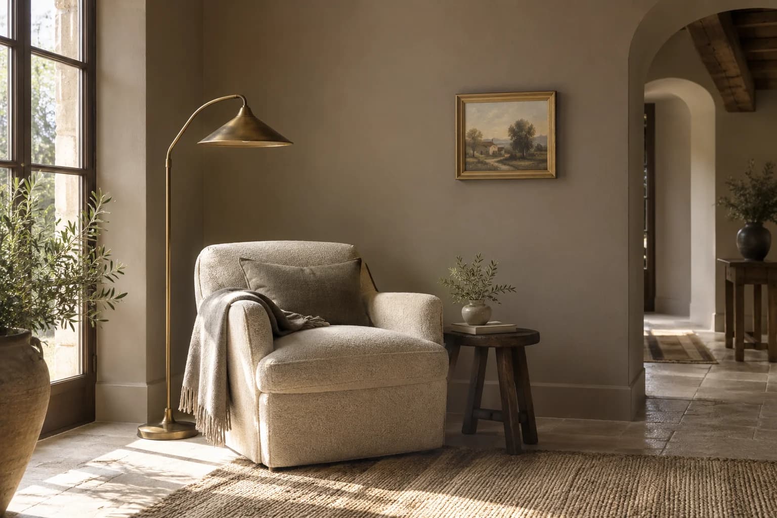 Reading nook with Seine walls and a cream armchair