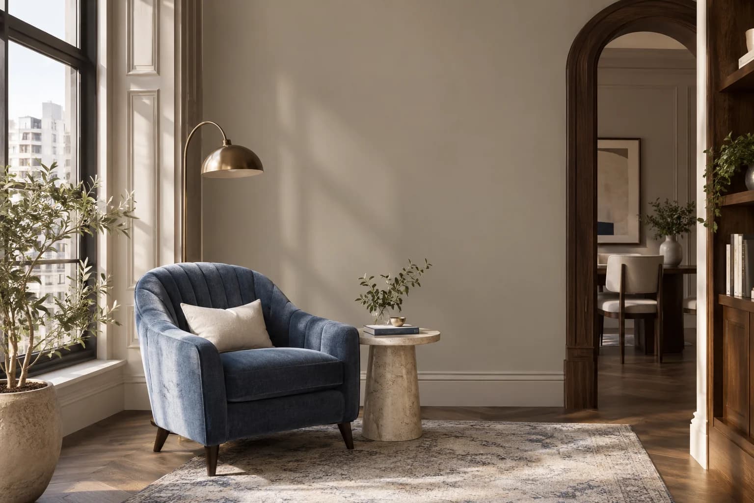 Reading nook with Smoked Oyster walls and a cream armchair