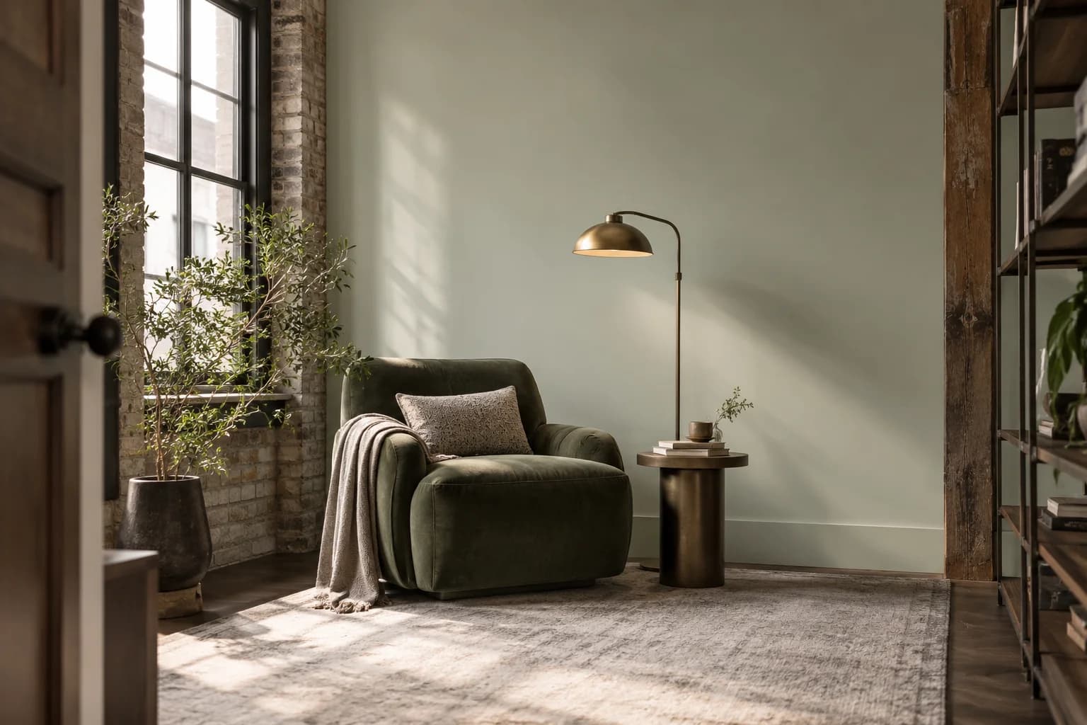 Reading nook with Sparkling Sage walls and a cream armchair