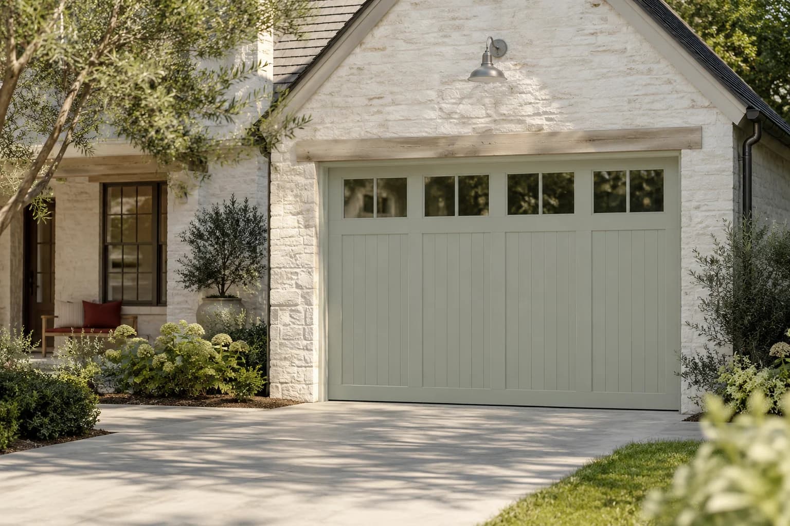 Garage door featuring Sparkling Sage paint