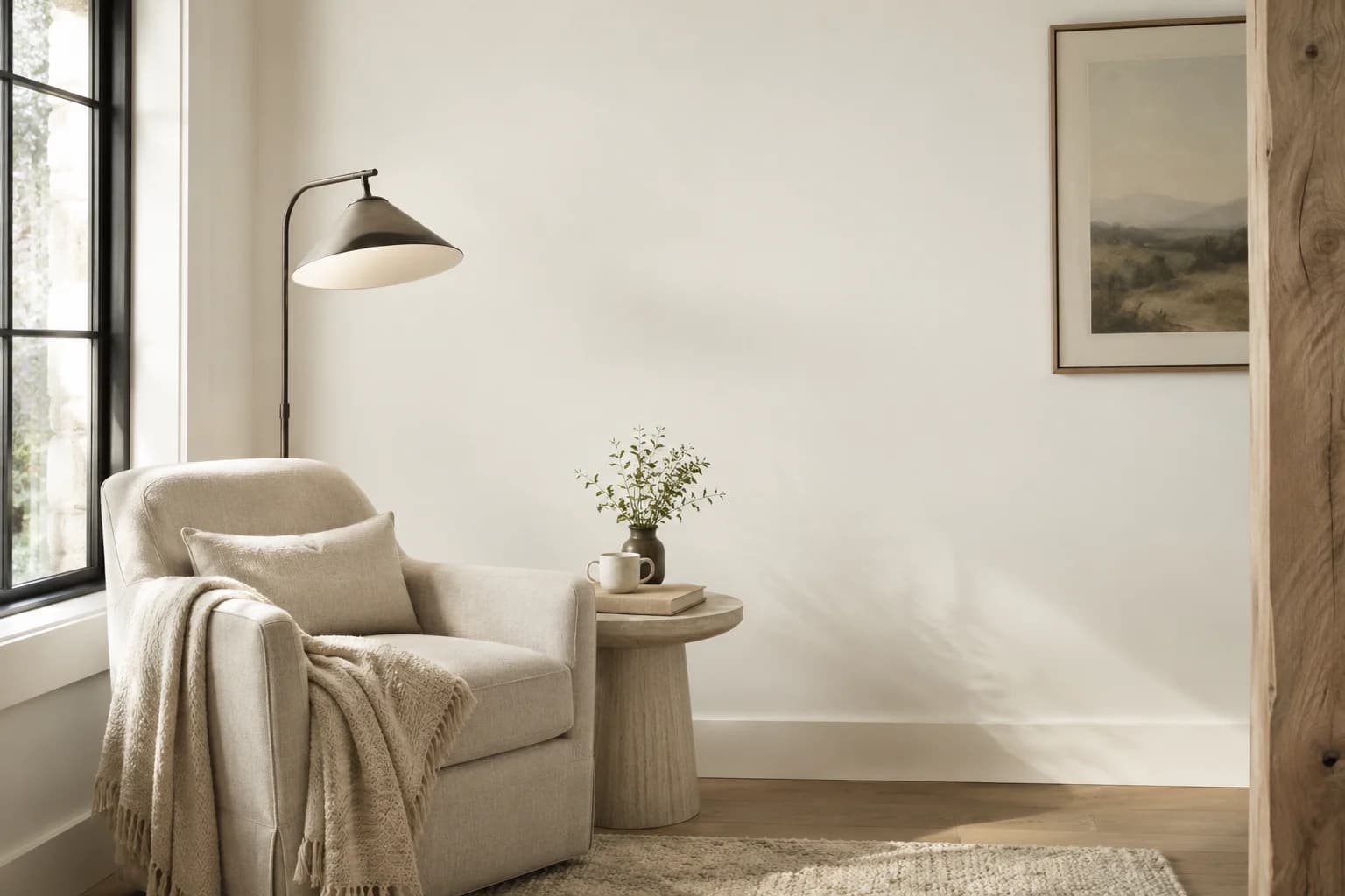 Reading nook with Swiss Coffee walls and a cream armchair
