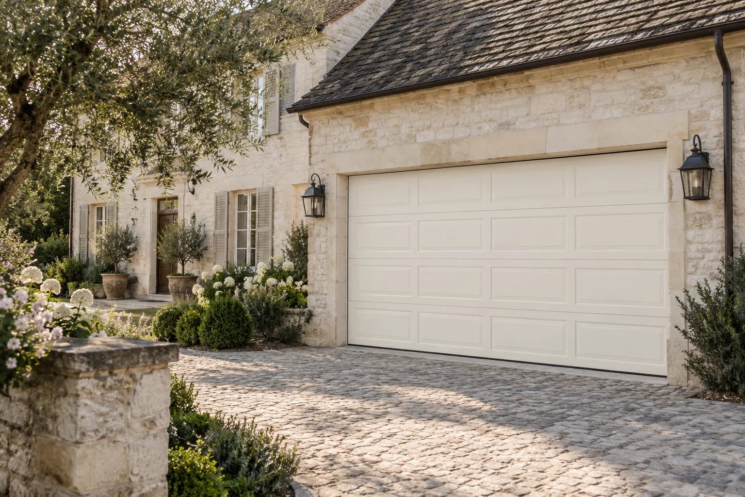 Garage door featuring Swiss Coffee paint