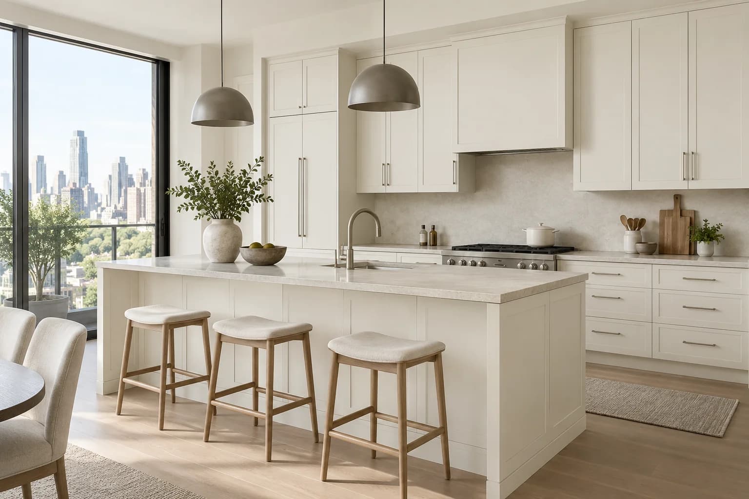 Kitchen cabinets featuring Swiss Coffee paint