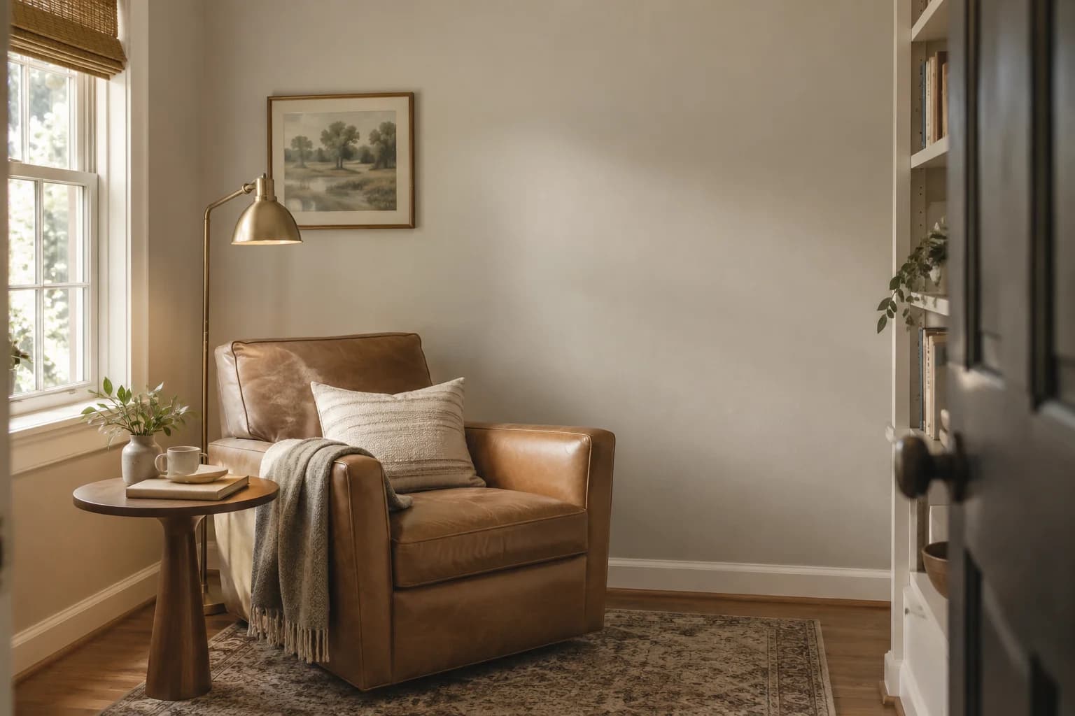 Reading nook with Villa Grey walls and a cream armchair