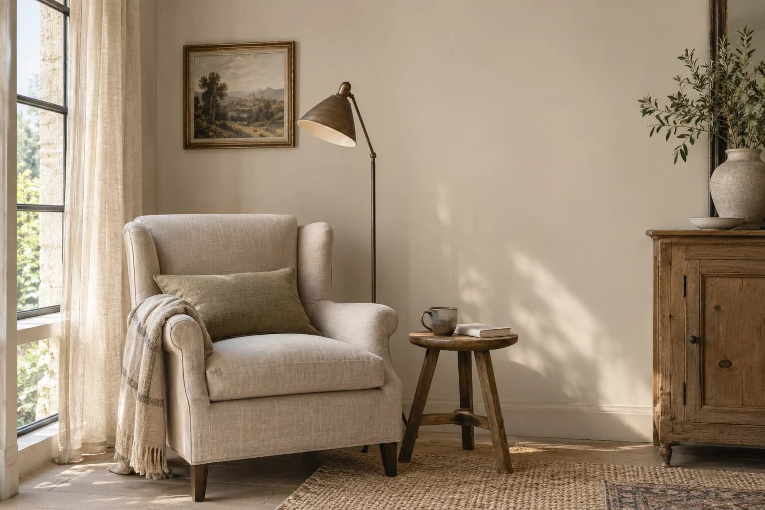 Reading nook with Warm Putty walls and a cream armchair