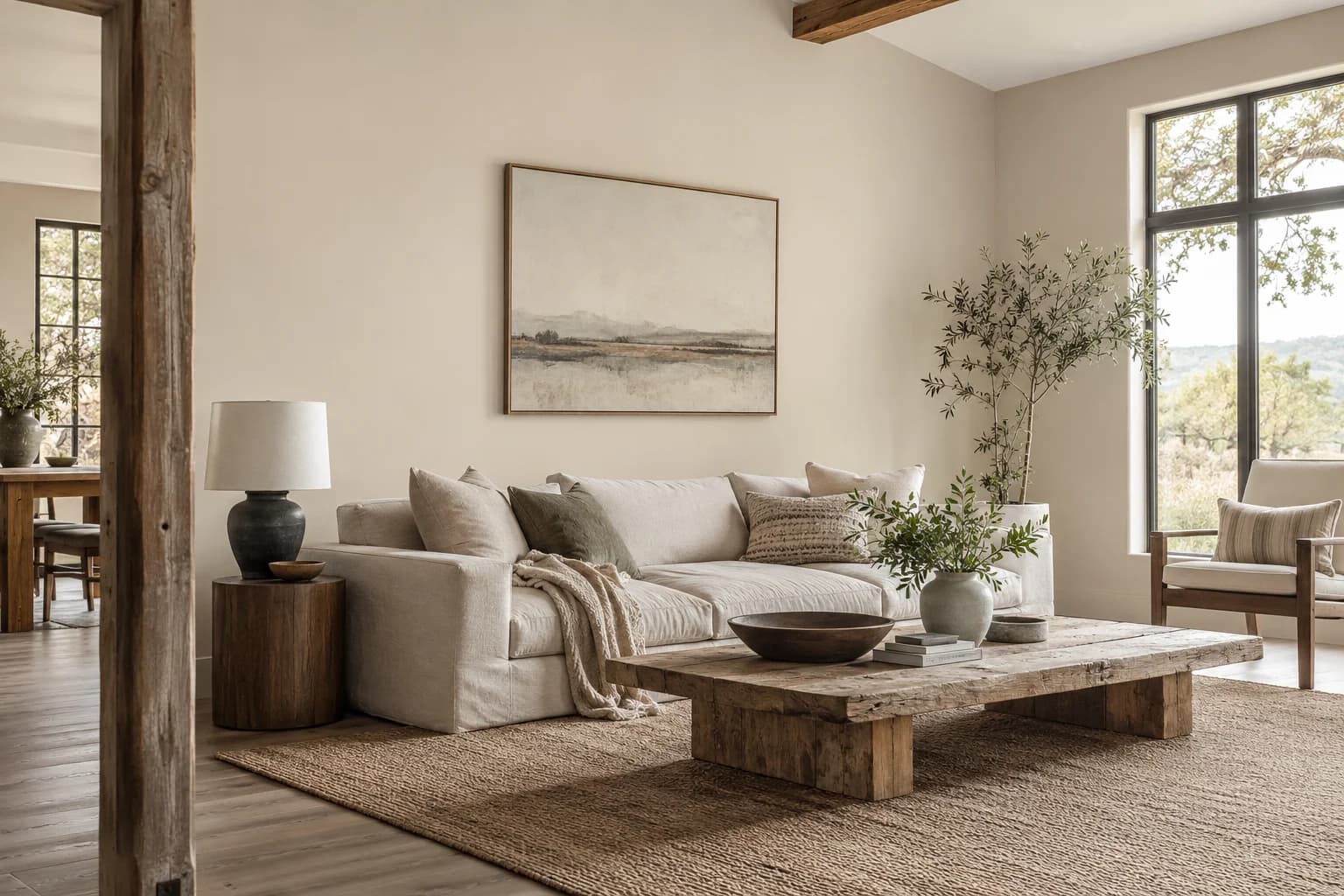 Warm Putty walls in a rustic contemporary living room
