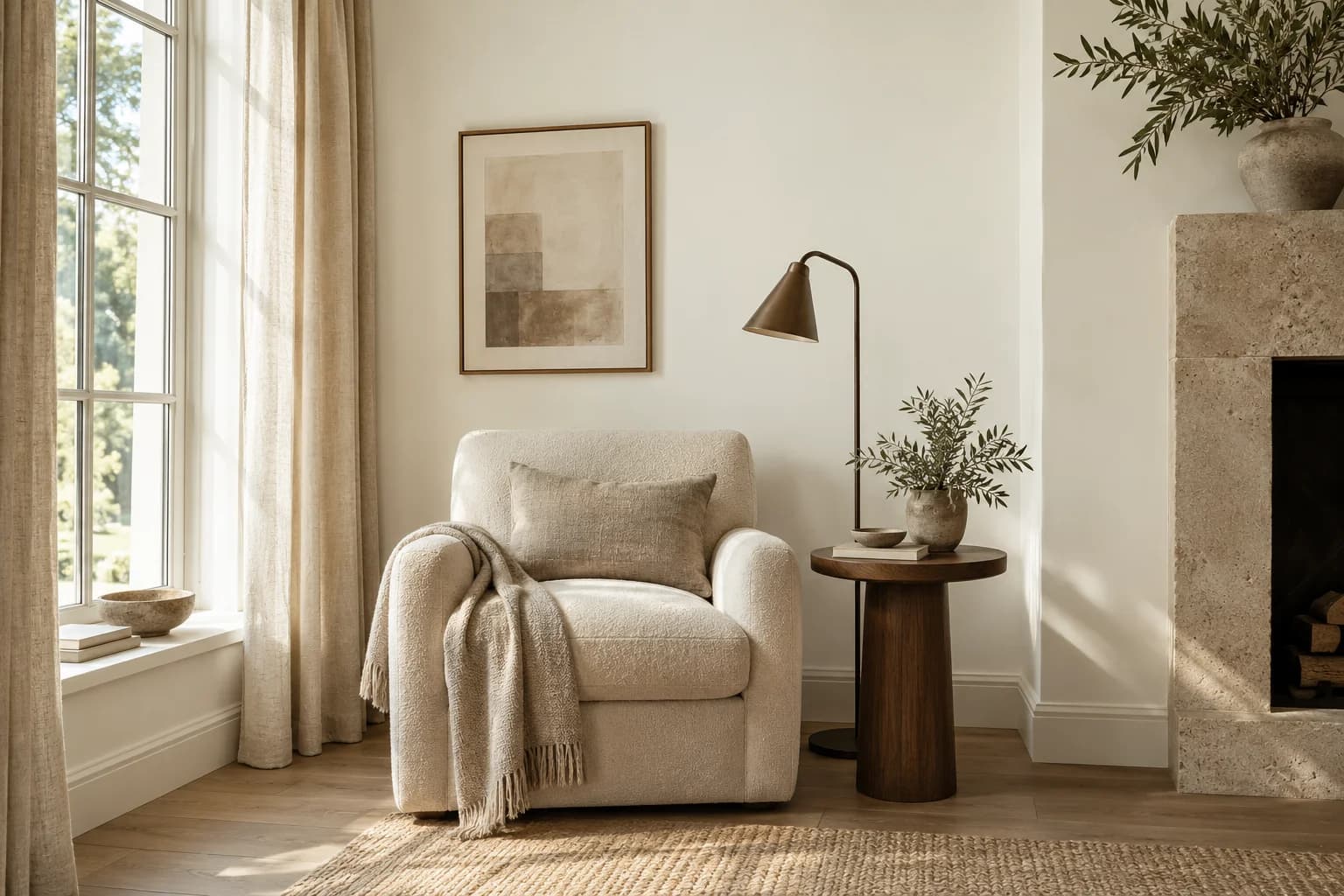 Reading nook with White Dove walls and a cream armchair