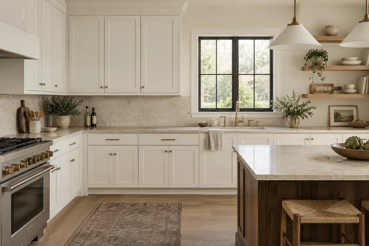 Kitchen cabinets featuring White Dove paint