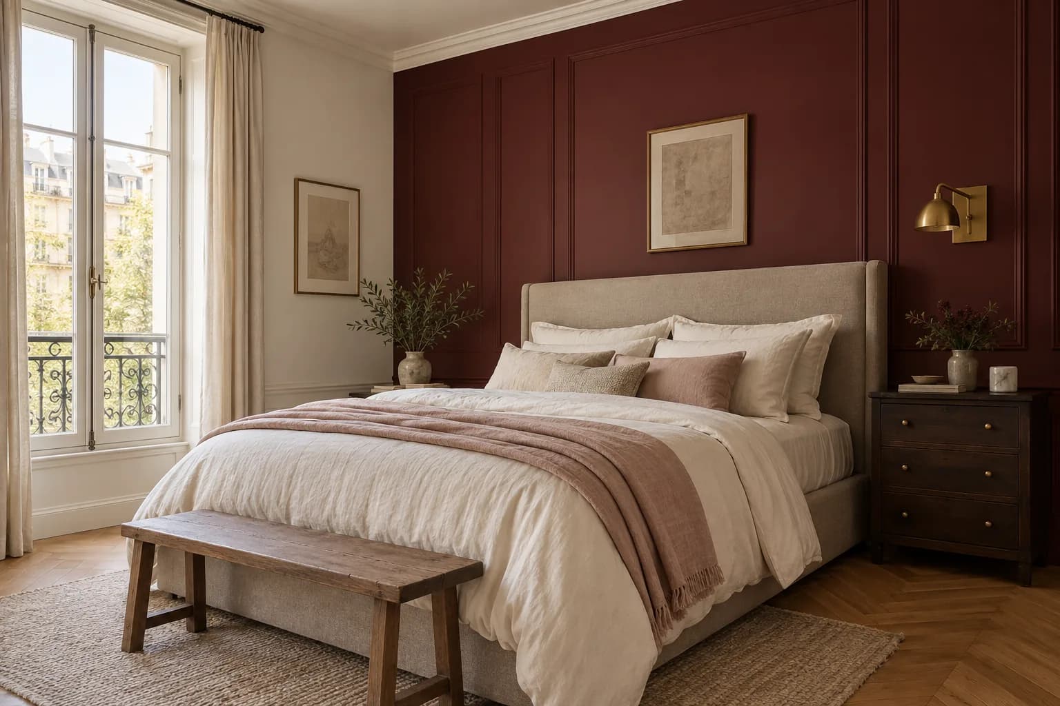 Burgundy bedroom accent wall with panel molding, a taupe upholstered bed, cream side wall, and French window