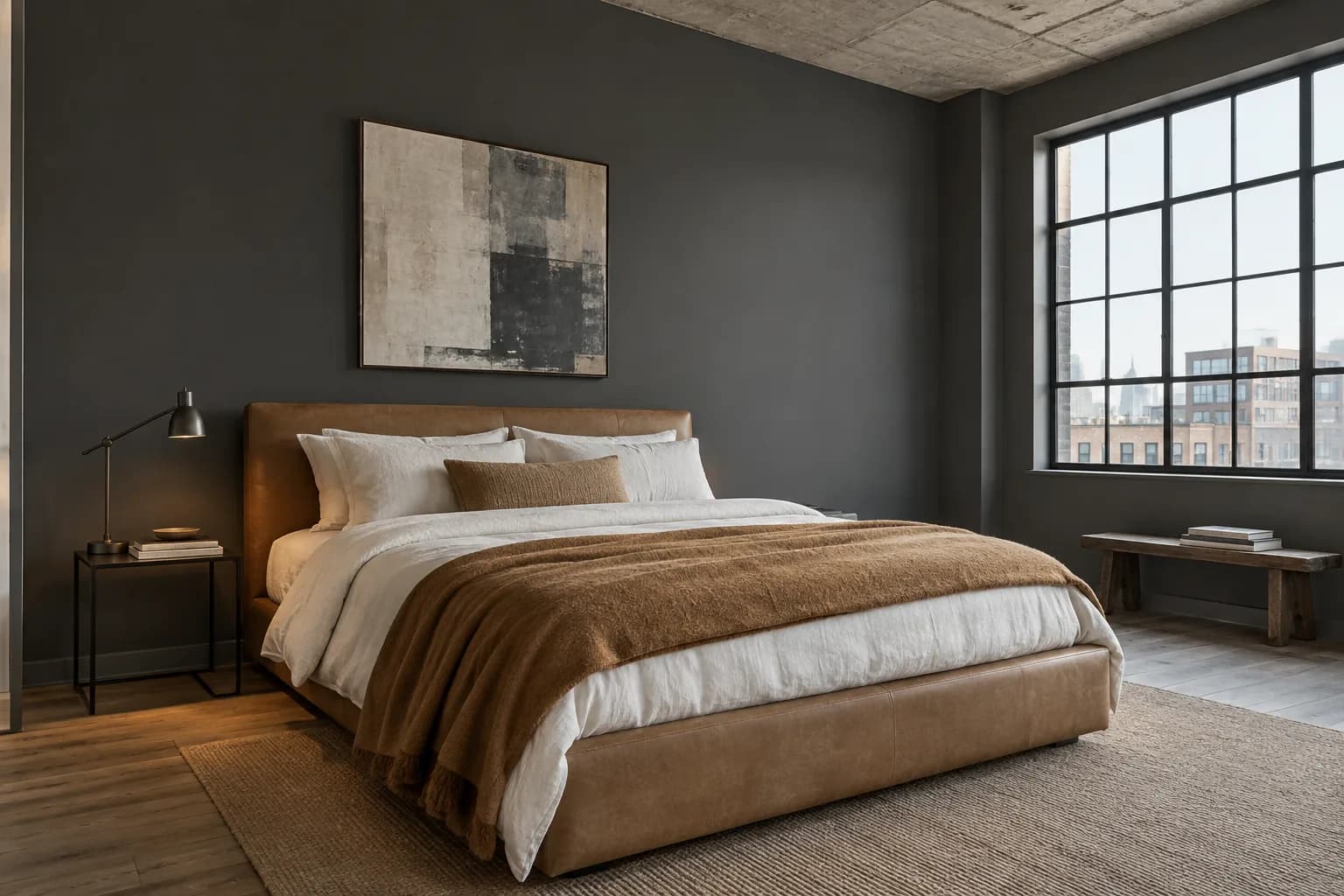Charcoal industrial bedroom with a tan leather bed, steel-framed window, concrete ceiling, and wood floor