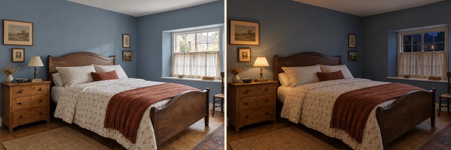 The same dusty blue bedroom in daylight on the left and under a warm bedside lamp in the evening on the right