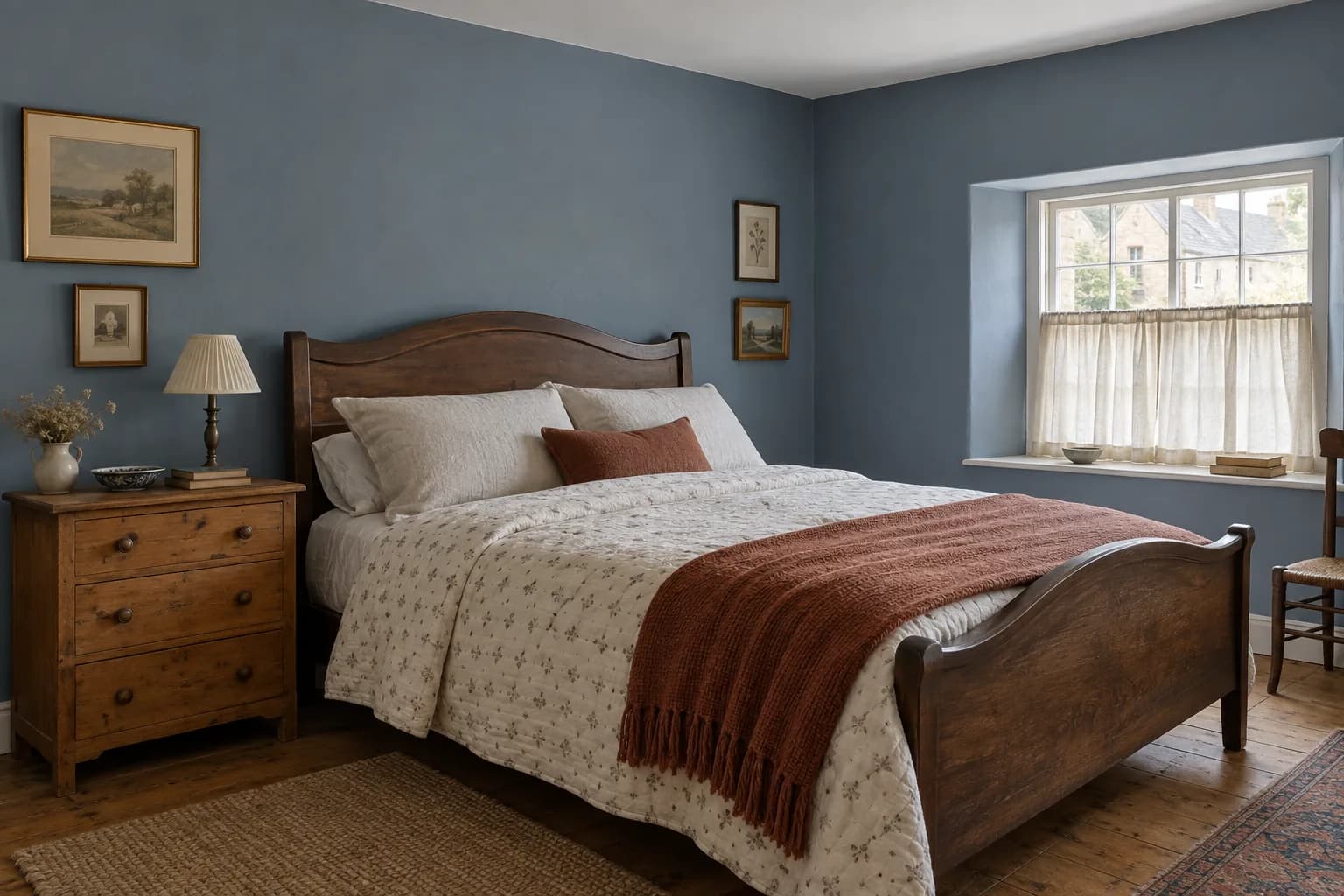 Dusty blue country bedroom with an antique wood bed, patterned quilt, pine bedside chest, and cafe curtains