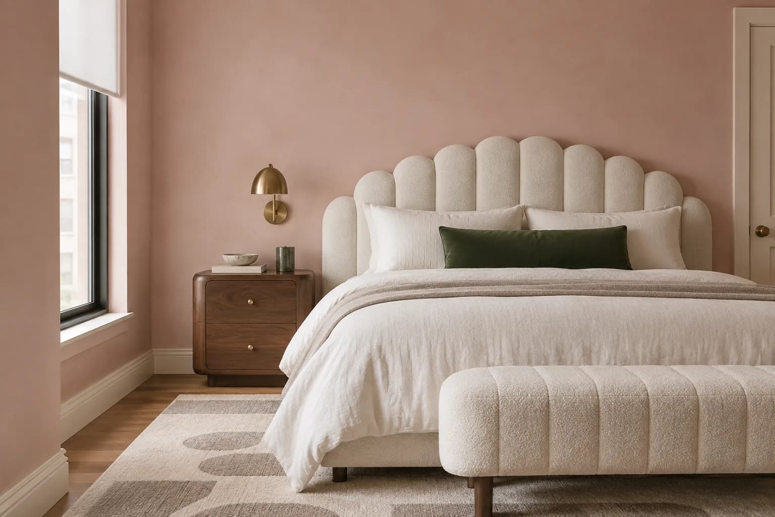 Dusty pink Art Deco-inspired bedroom with a scalloped cream headboard, rounded walnut nightstand, and green cushion