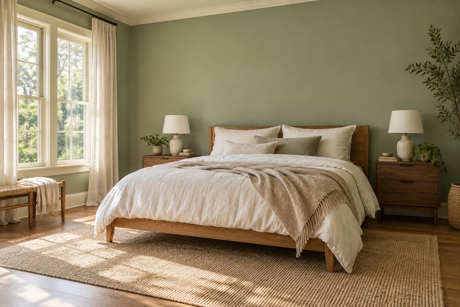 Sage green bedroom with an oak bed, ivory linen bedding, walnut nightstands, and soft morning light
