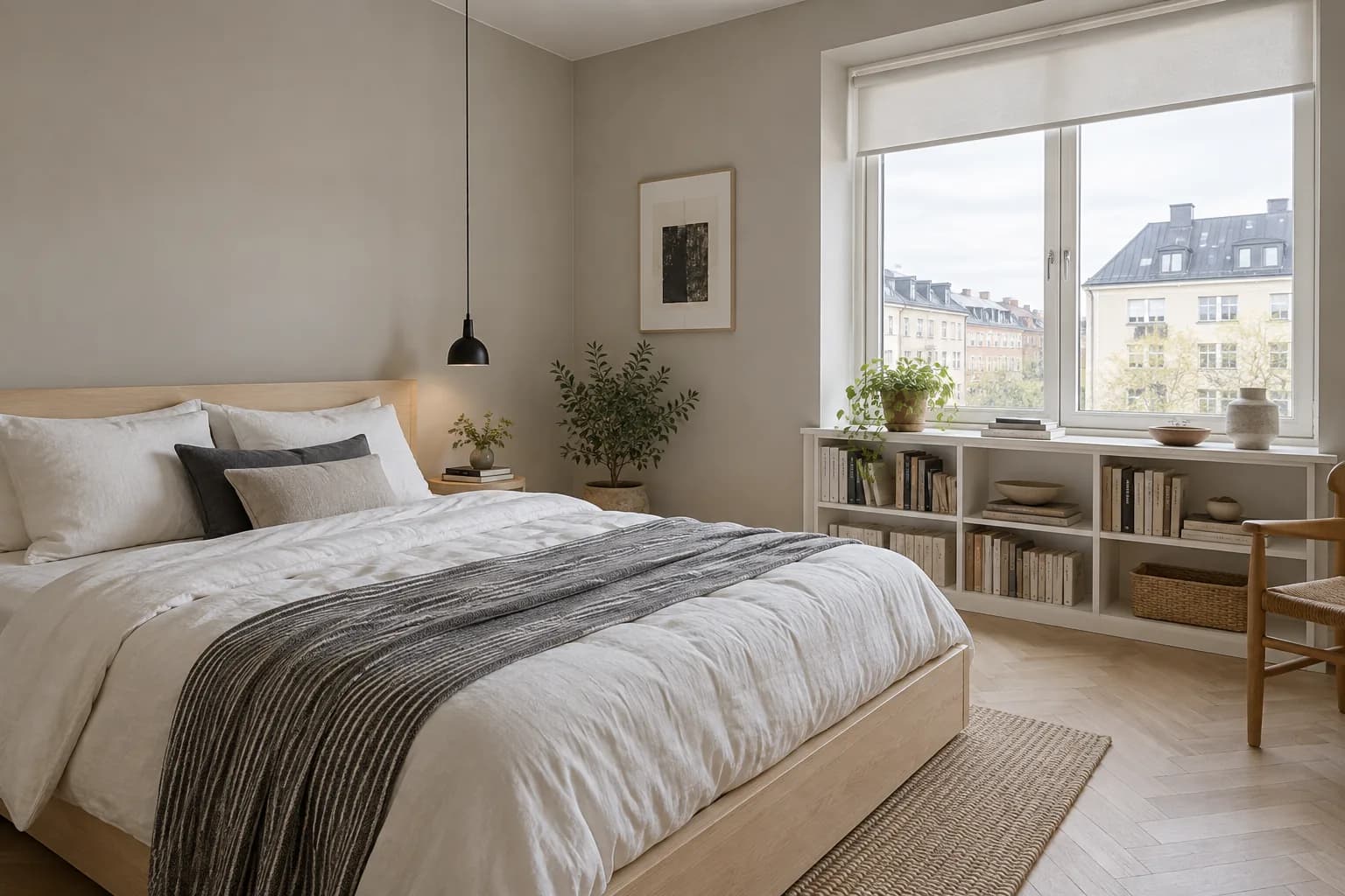 Greige Scandinavian bedroom with a pale wood bed, charcoal striped throw, and low white bookcase