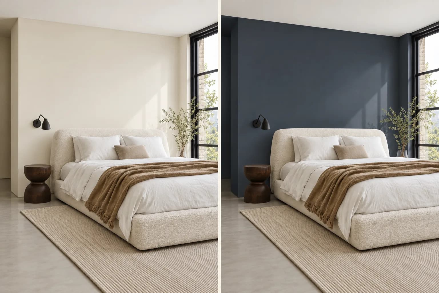 Matching views of a modern bedroom with warm white walls on the left and deep charcoal blue walls on the right