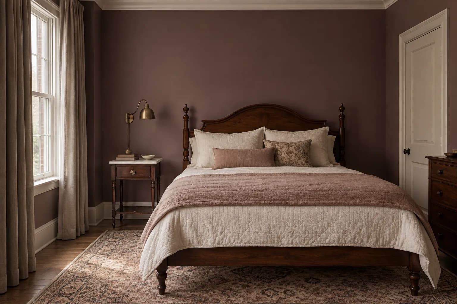 Muted plum vintage bedroom with an antique walnut bed, marble-topped nightstand, and dusty pink coverlet