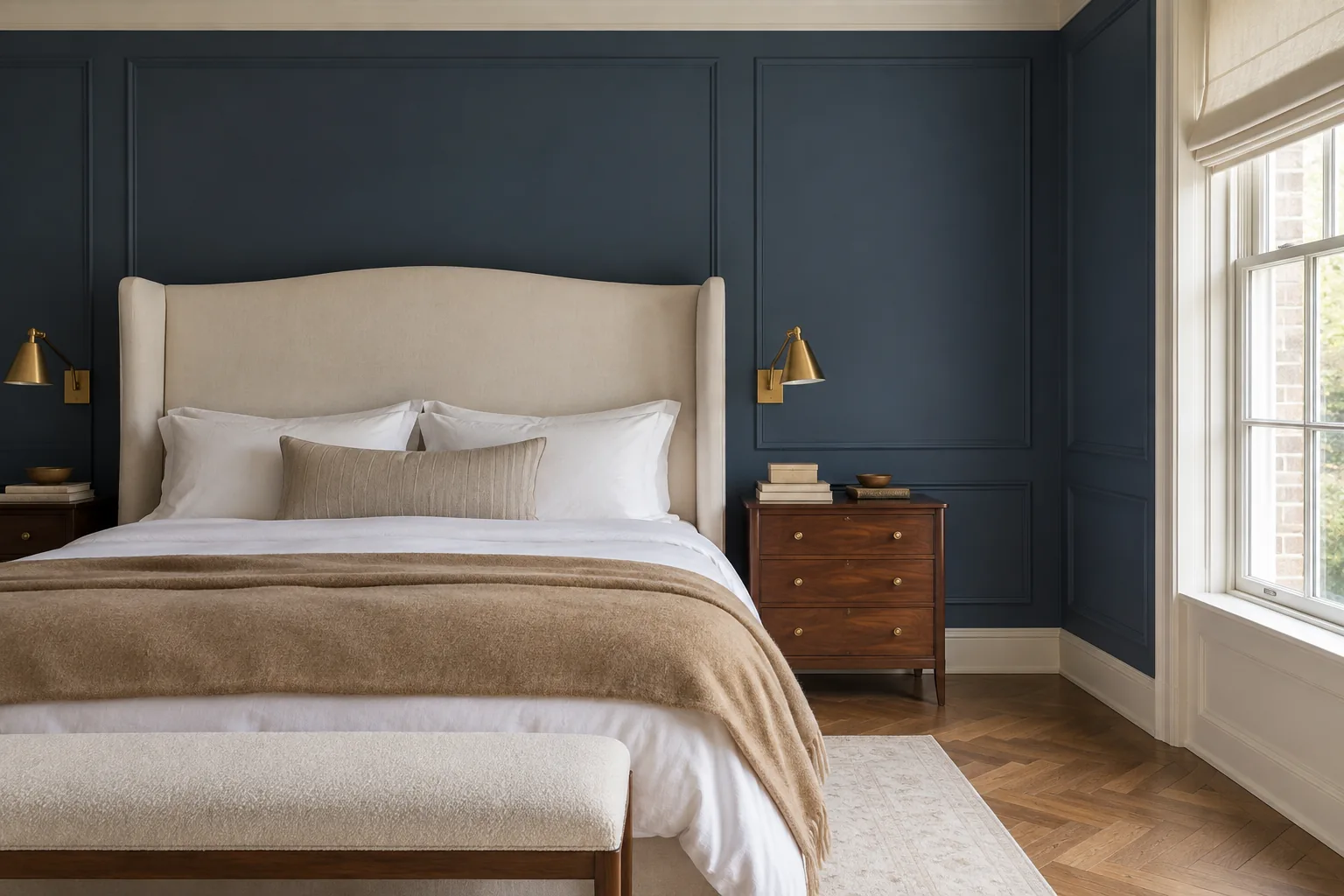 Navy bedroom with paneled walls, an ivory wingback headboard, walnut bedside chest, and brass sconces