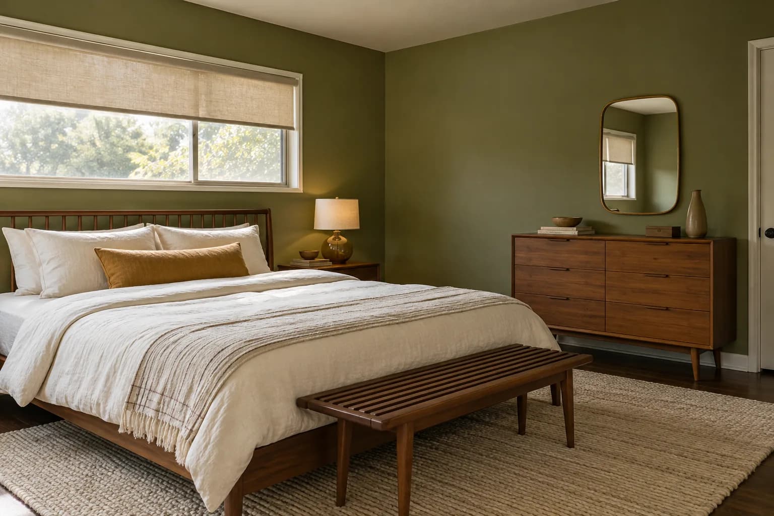 Olive green midcentury bedroom with a walnut bed, teak dresser, amber bedside lamp, and cream bedding