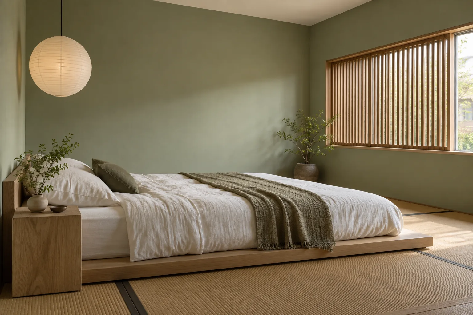Sage green bedroom with a low wood platform bed, paper pendant, tatami-style matting, and a slatted window screen